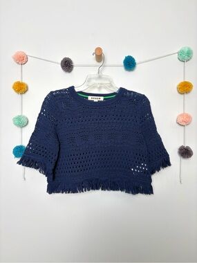 Boden Navy Fringe Cropped Sweater